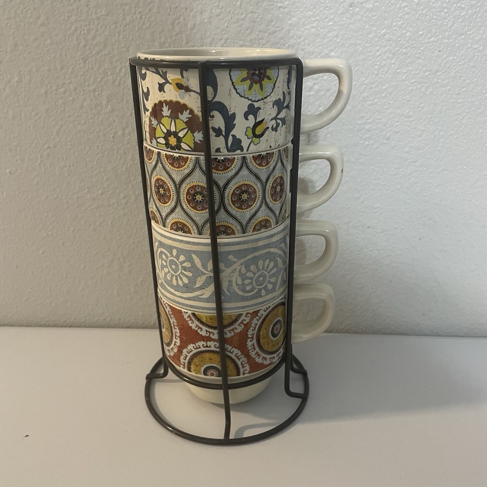 PIER‎ 1 Imports Stacking Scrolled  Multicolor Stoneware Mugs Set Of 4 With Stand